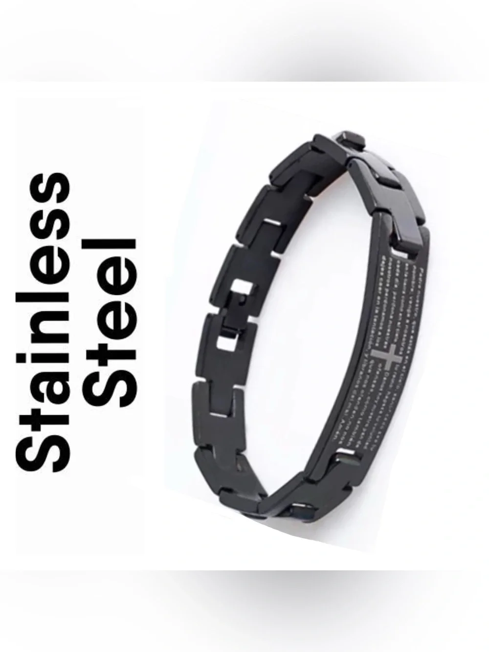 🌟🌟 Stainless Steel Black Men's Link Bracelet with Cross Plate